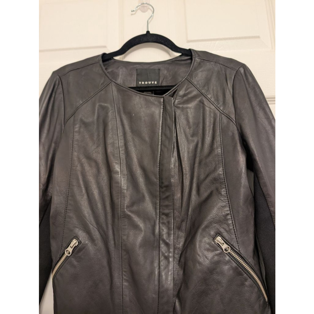 Trouvé Collarless Black Leather Moto Jacket with Ribbed Knit Panels M - Picture 2 of 9